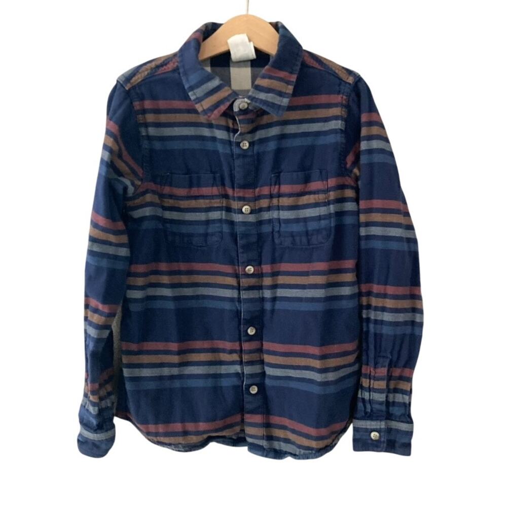 Hanna Andersson Relaxed Fit Reversible Shirt Plaid Stripe Navy 8
